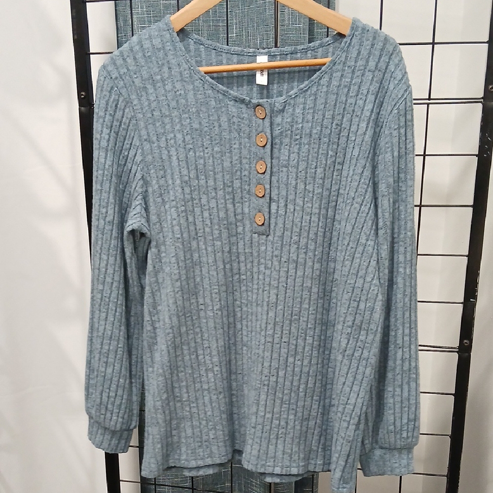 Blue Ribbed Long Sleeve Top - Picture 7 of 10